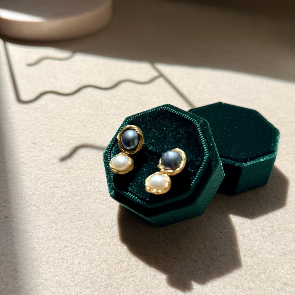 Baroque Pearl Double Pearl Studs - Samantha White & Black