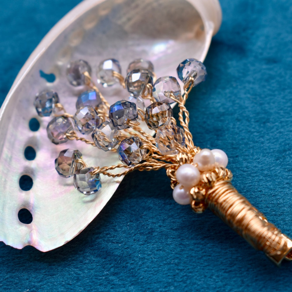 Collector's Freshwater Pearl Brooch - Blue Crystal Bouquet