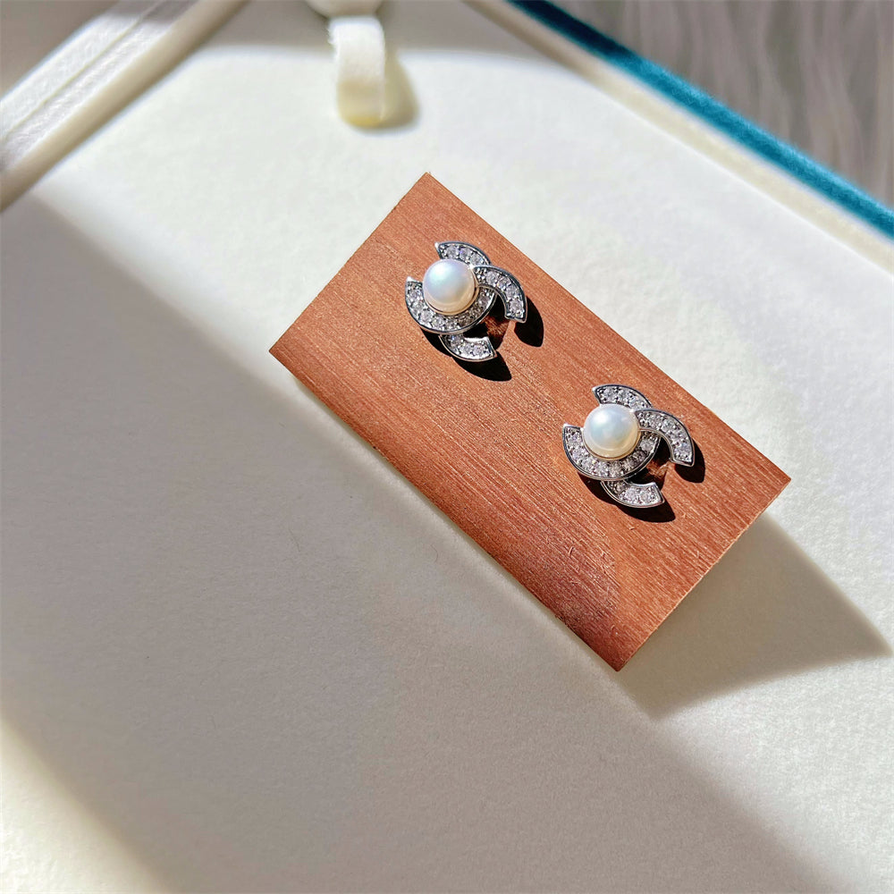 Freshwater Pearl Cubic Zirconia Silver Stud Earrings - Coco - Akuna Pearls