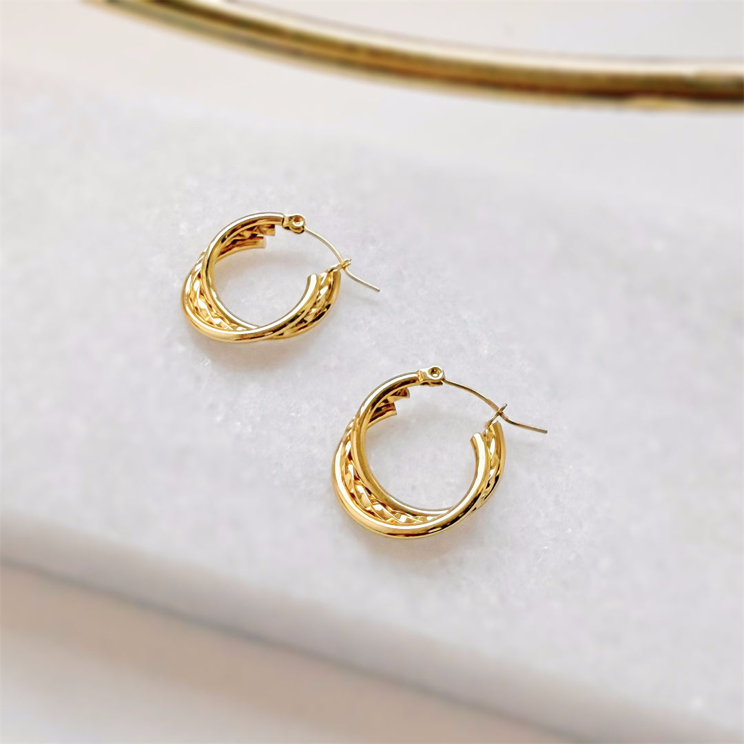 Minimal Titanium Waterproof Hoop Earrings - Small Twist Hoop Triple - Akuna Pearls