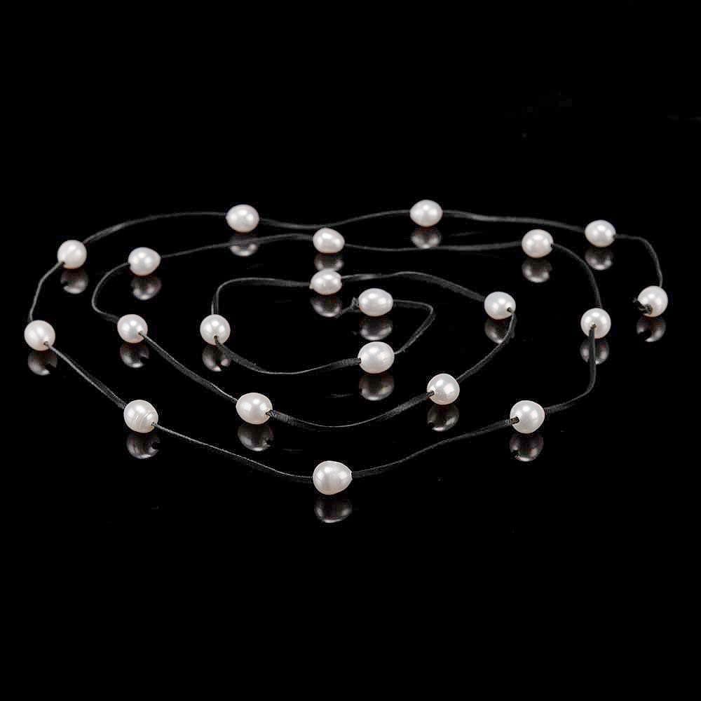 Kangaroo Leather Freshwater Pearl Long Necklace - Black - Akuna Pearls