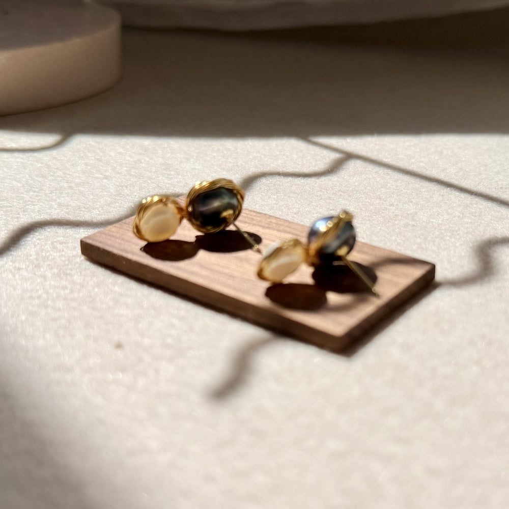 Baroque Pearl Double Pearl Studs - Samantha White & Black
