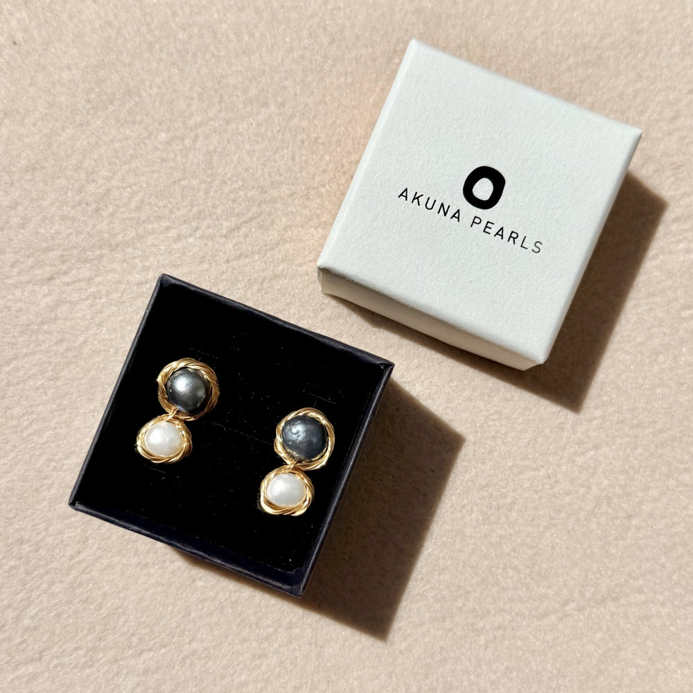 Baroque Pearl Double Pearl Studs - Samantha White & Black