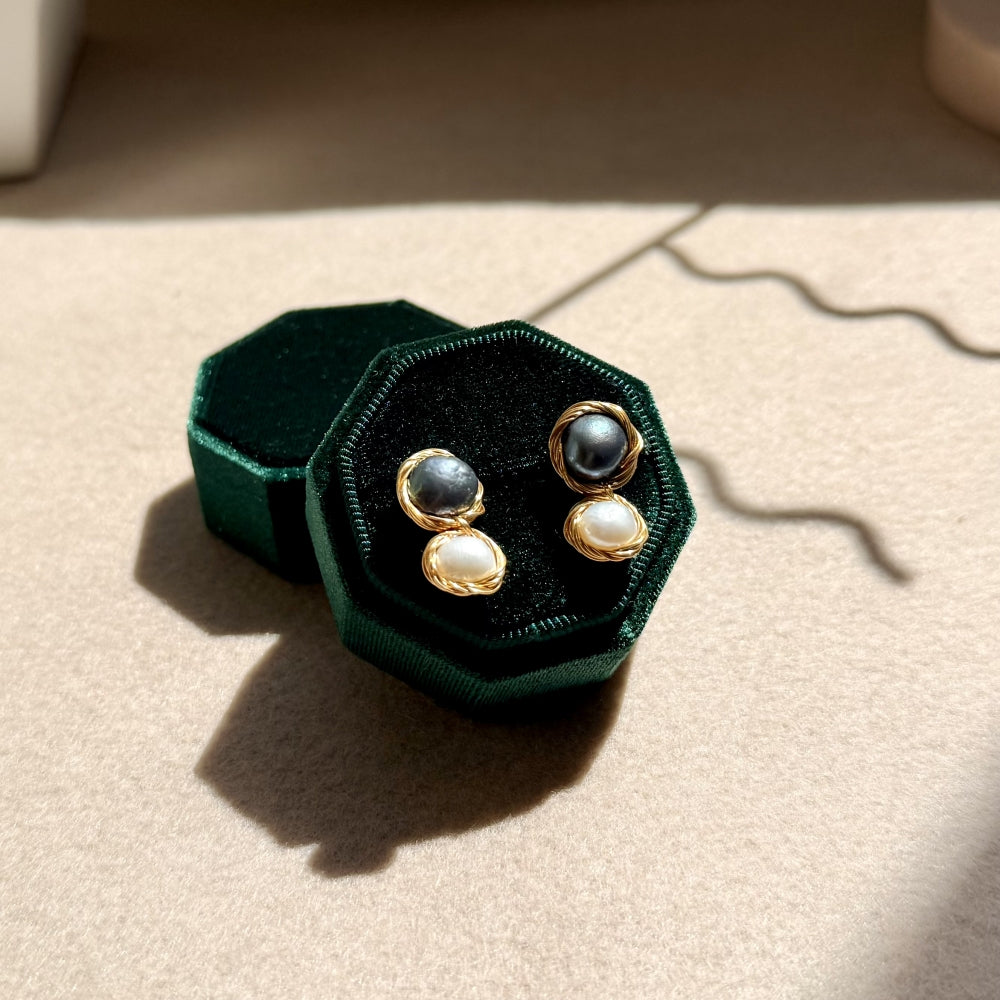 Baroque Pearl Double Pearl Studs - Samantha White & Black