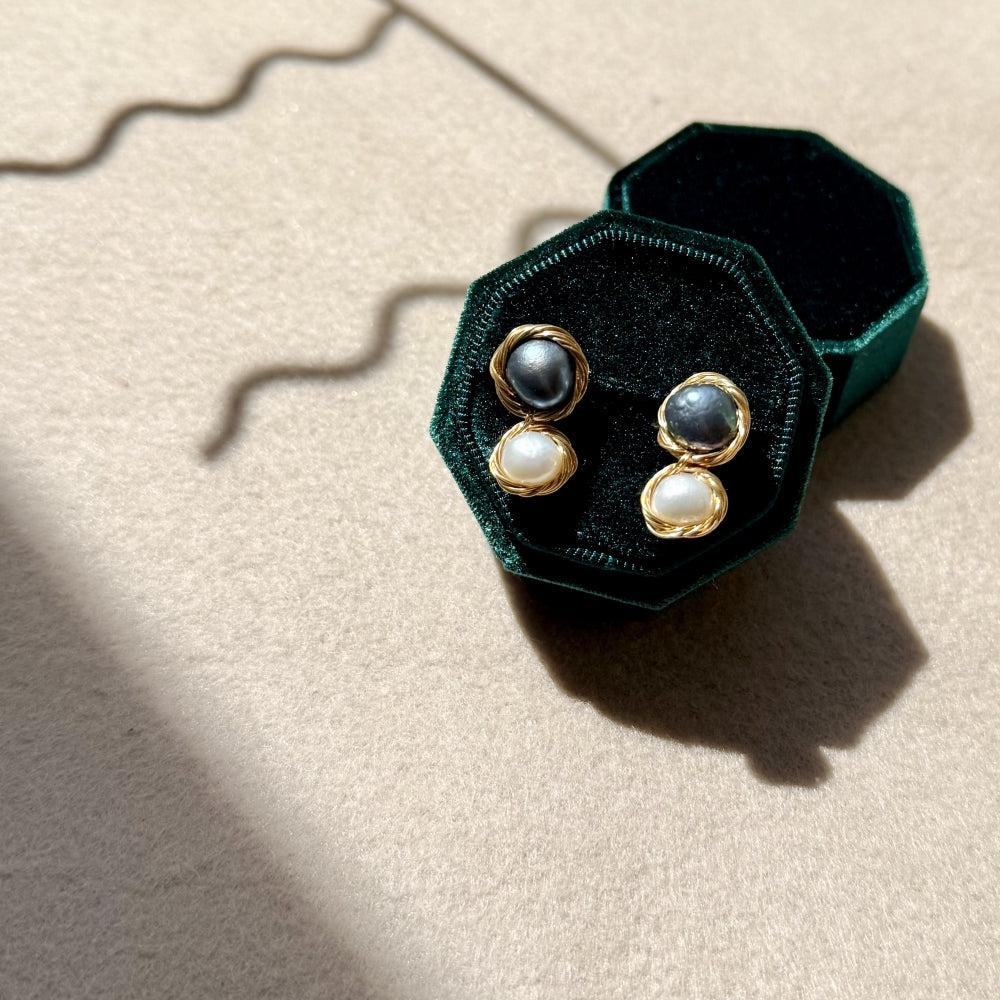 Baroque Pearl Double Pearl Studs - Samantha White & Black