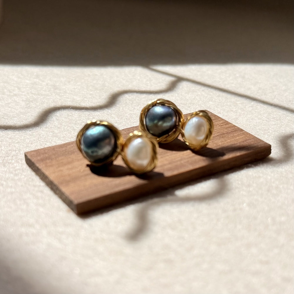 Baroque Pearl Double Pearl Studs - Samantha White & Black