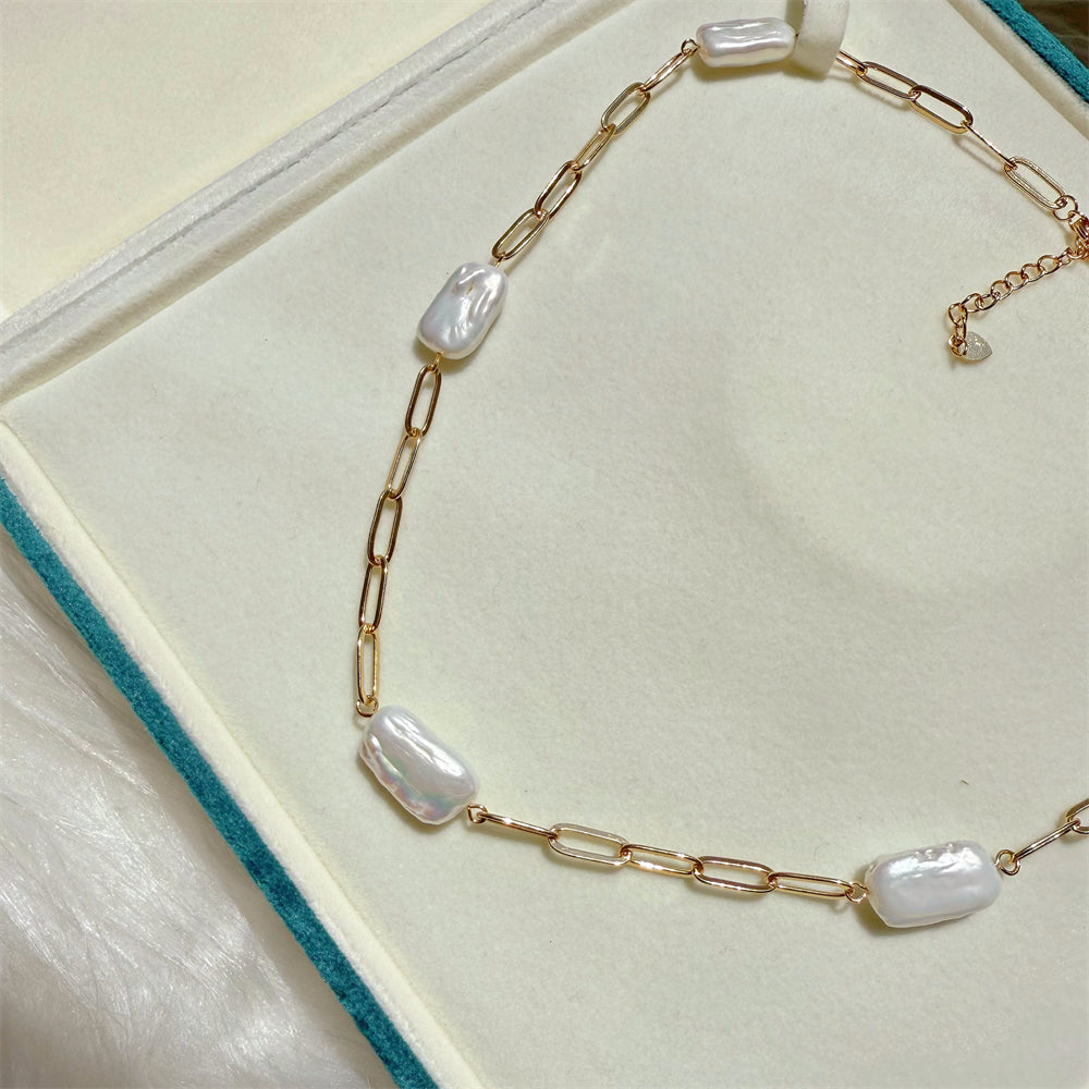 Baroque Pearl Paperclip Link Chain Necklace - Zoe - Akuna Pearls