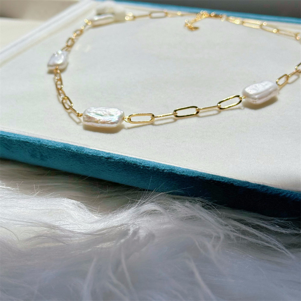 Baroque Pearl Paperclip Link Chain Necklace - Zoe - Akuna Pearls
