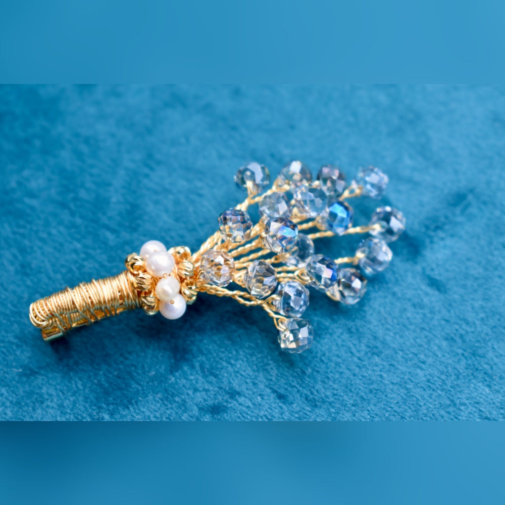 Collector's Freshwater Pearl Brooch - Blue Crystal Bouquet
