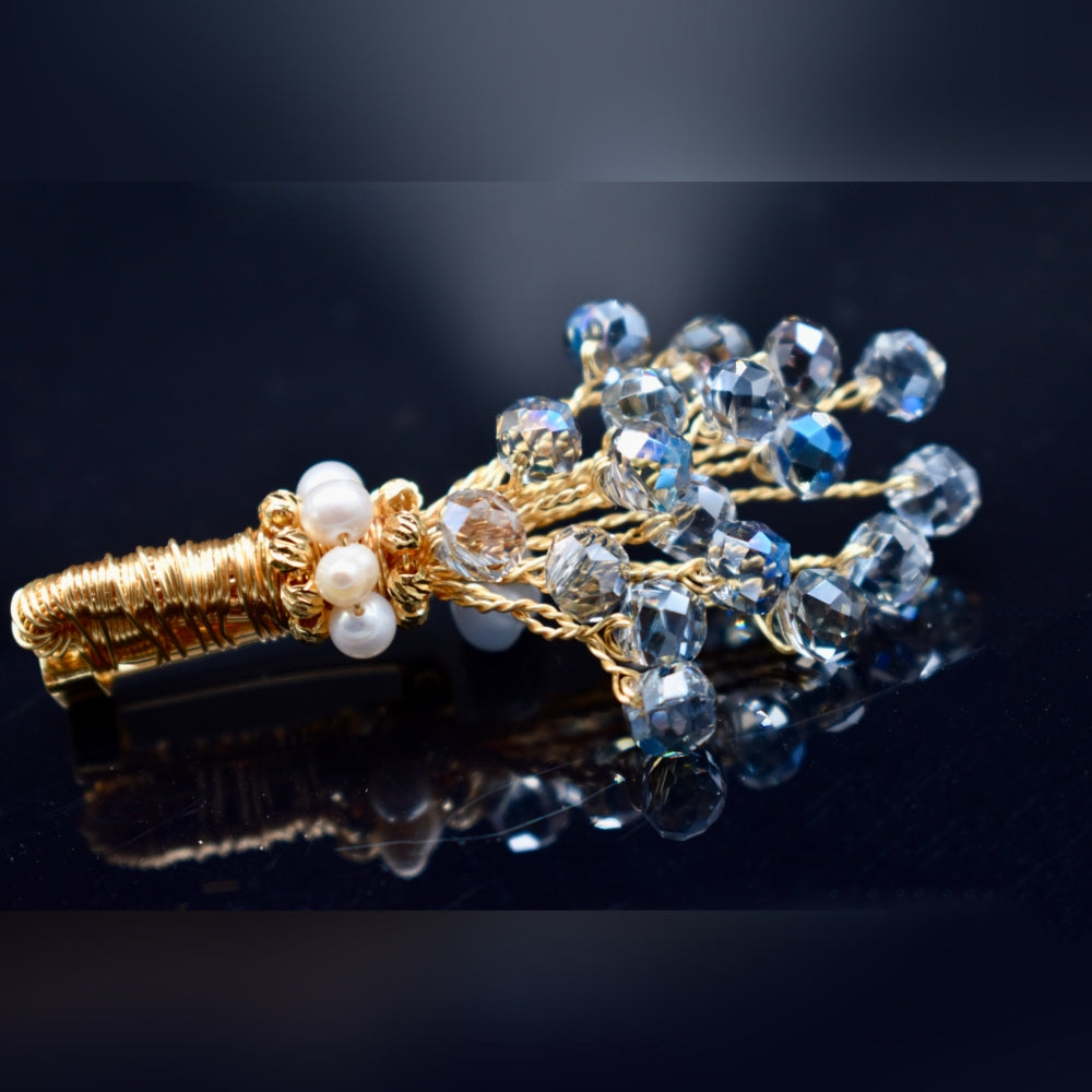 Collector's Freshwater Pearl Brooch - Blue Crystal Bouquet