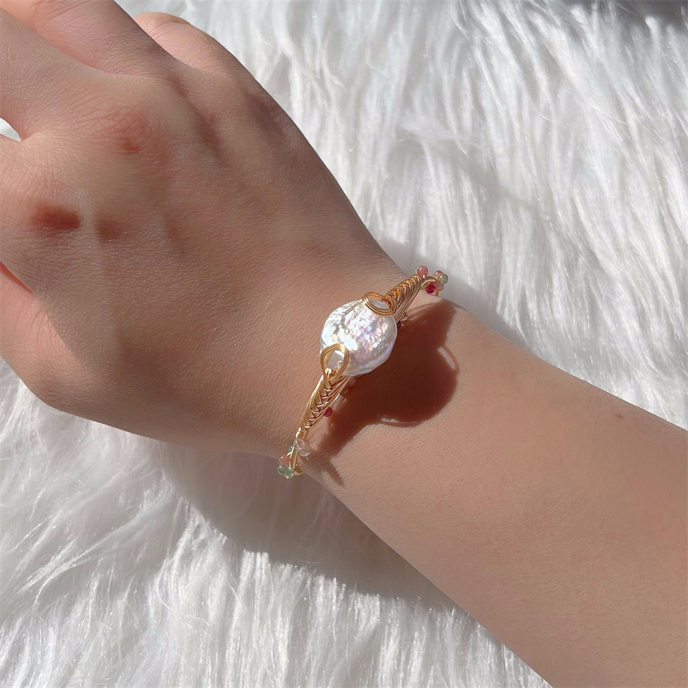 Freshwater Pearl & Tourmaline Gold Wire Bangle - Leila - Akuna Pearls