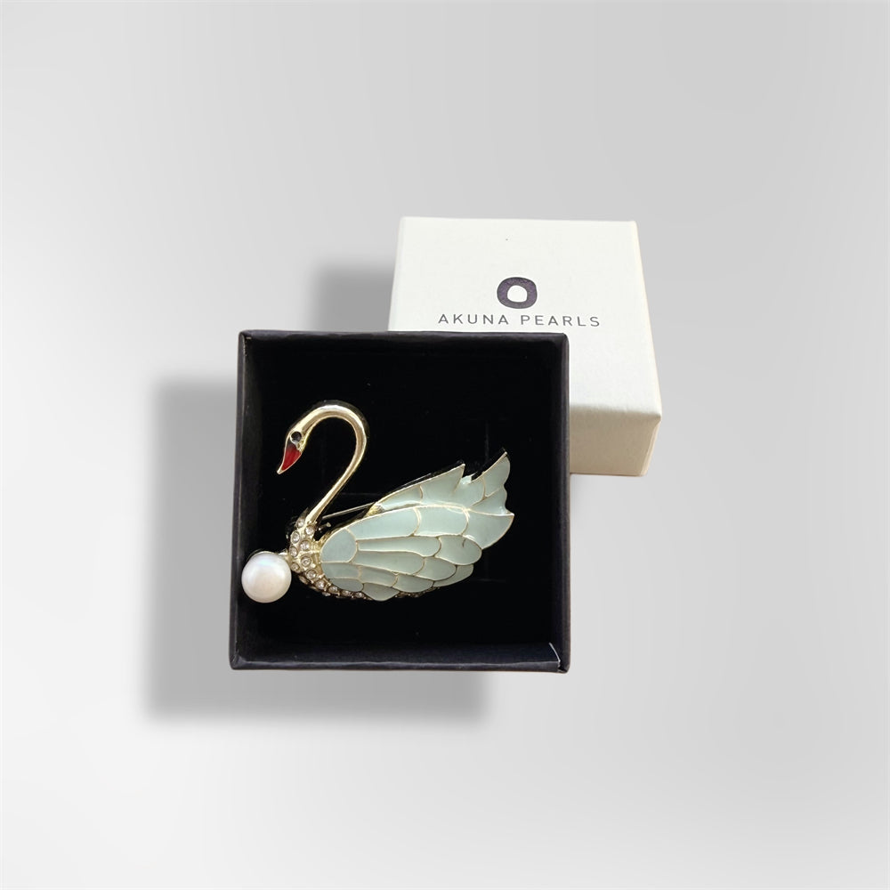 Freshwater Pearl Brooch - Downy Green Swan - Akuna Pearls