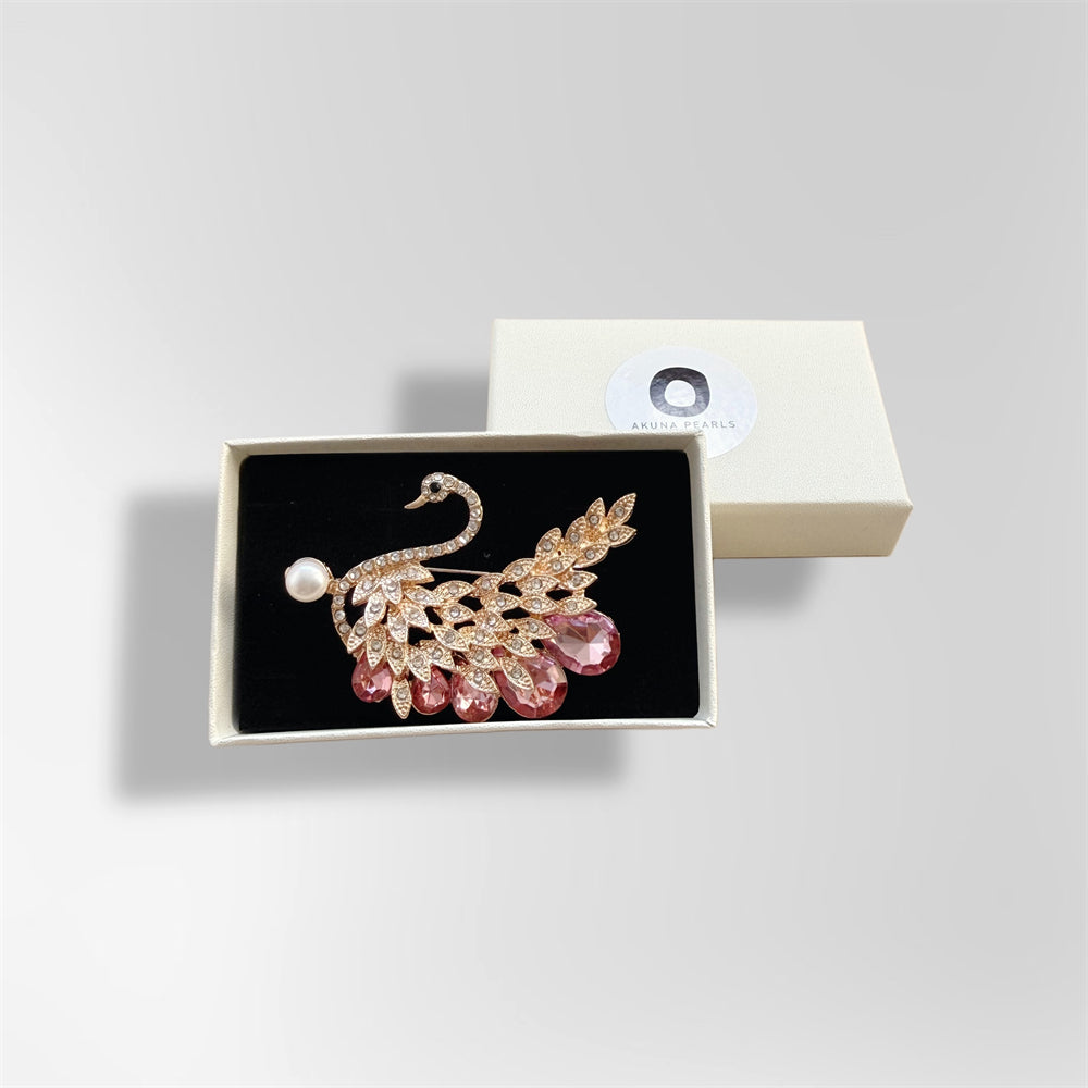 Freshwater Pearl Brooch - Pink Crystal Swan - Akuna Pearls