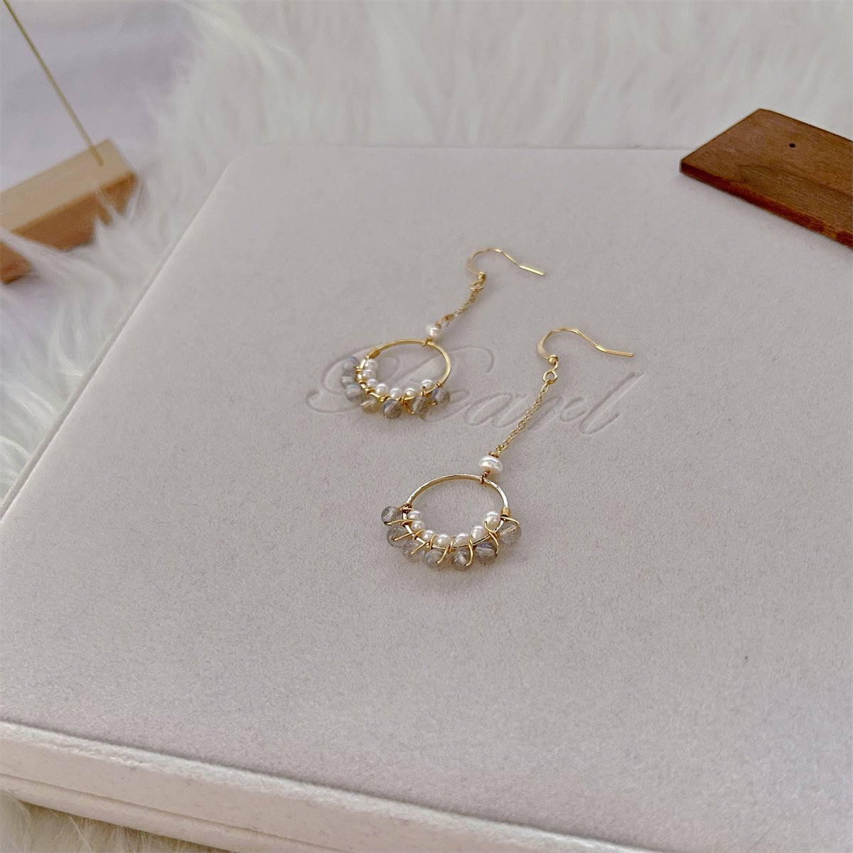 Freshwater Pearl and Labradorite Hook Earrings - Miray - Akuna Pearls